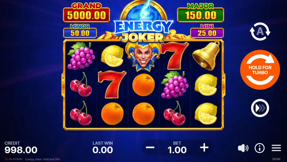 Energy Joker Hold and Win base game grid with classic fruit symbols