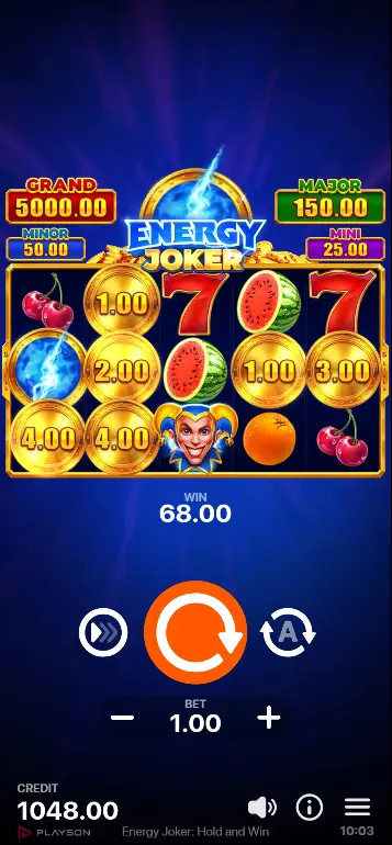 Energy Joker base game grid with classic fruit symbols and all 5 paylines visible